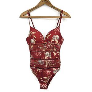 Zimmermann Red Floral One Piece Swimsuit Womens 4/6 Sheer Mesh Cutouts